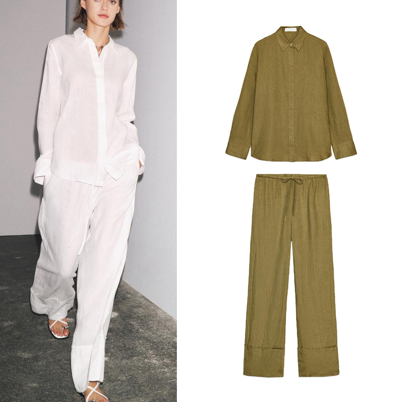 Linen Pant Wide - ชุดเซ็ตสองชิ้น เสื้อเชิ้ตแขนยาวคอปกแบบลำลองและกางเกงขายาวทรงกว้าง แฟชั่นคอลเลคชั่นฤดูใบไม้ผลิ ผลิตจากเส้นใยผสม ปิดด้วยกระดุม