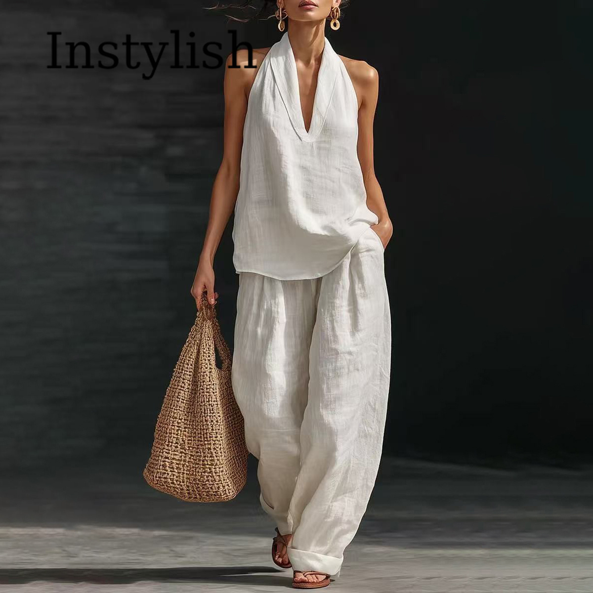 Linen Pant Wide - ชุดลำลองผ้าลินินสำหรับผู้หญิงฤดูร้อน 2 ชิ้น เสื้อคอวีแบบผูกคอ แขนกุด กางเกงขายาวทรงกว้าง