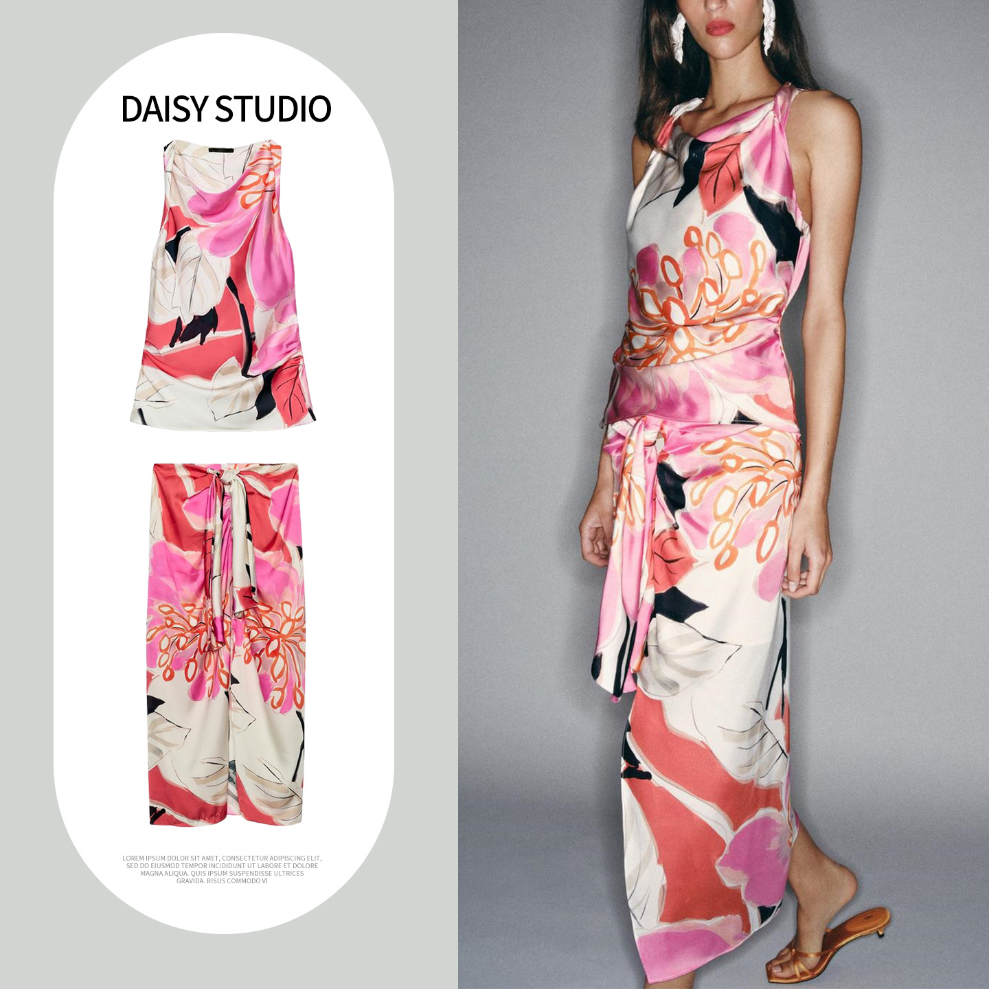Midi Skirt Floral - ชุดเซ็ตสำหรับผู้หญิง ประกอบด้วยกระโปรงมิดิเอวสูงและชุดเดรสแขนกุดคอกลม ดีไซน์ผ่าข้าง ลายดอกไม้สไตล์พืชพรรณ เหมาะสำหรับใส่ในฤดูร้อน แฟชั่นทันสมัย