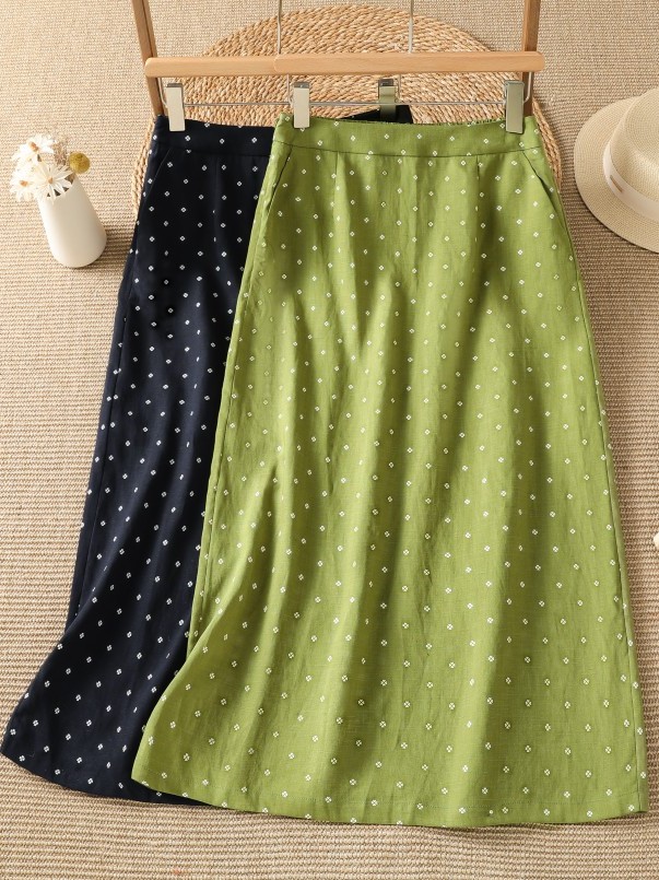 Midi Skirt Floral - กระโปรงเอวสูงลายดอกไม้ กระโปรงยาวเหนือเข่า ทรงหลวมสไตล์เกาหลี กระโปรงทรงเอ ทรงมิดิ