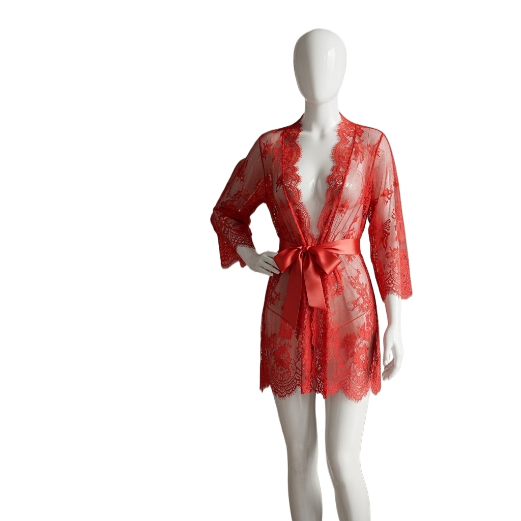 Kimono Sheer Floral - ชุดคลุมนอนผ้าลูกไม้โปร่งลายดอกไม้สำหรับผู้หญิง ดีไซน์ขอบหยัก ผ้าตาข่าย พร้อมผ้าคาดเอวซาติน สไตล์กิโมโน สำหรับคืนแต่งงานและฮันนีมูน