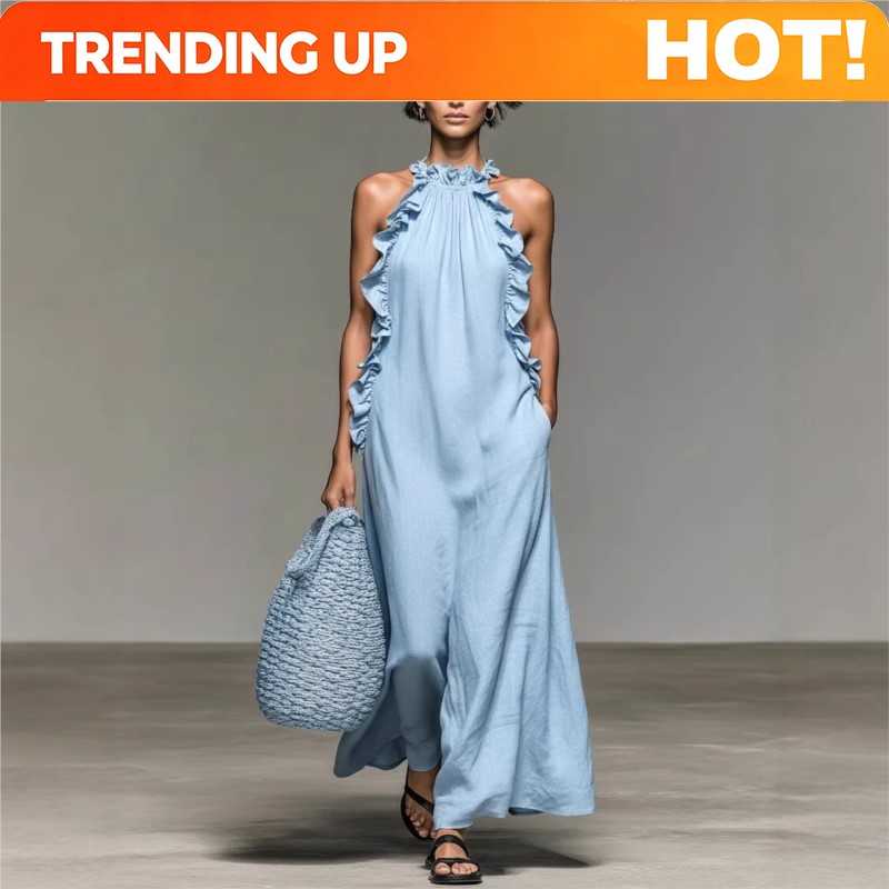 Maxi Dress Halter - ชุดเดรสยาวผู้หญิงแบบปรับแต่งได้ สไตล์เซ็กซี่ คอฮอลเตอร์ แต่งระบาย มีกระเป๋า ทรงหลวม