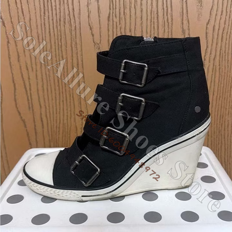 Wedge Espadrille Women - รองเท้าผ้าใบหุ้มข้อสีเทาแบบมีหัวเข็มขัดหลายจุด ส้นลิ่มซ่อนในตัว สไตล์วินเทจ เหมาะสำหรับใส่เดินเล่นในชีวิตประจำวัน