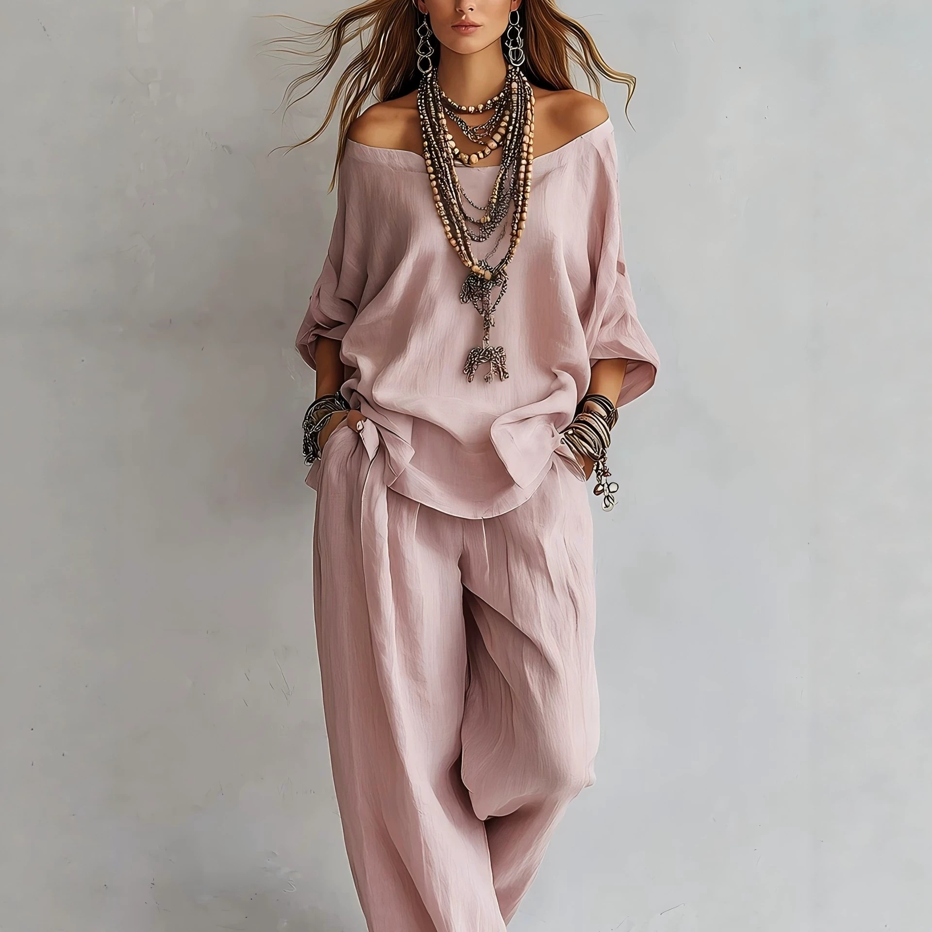 ชุดเสื้อผ้าลำลองผ้าลินินแขนสาม - Linen Pant Wide บทวิจารณ์และราคา