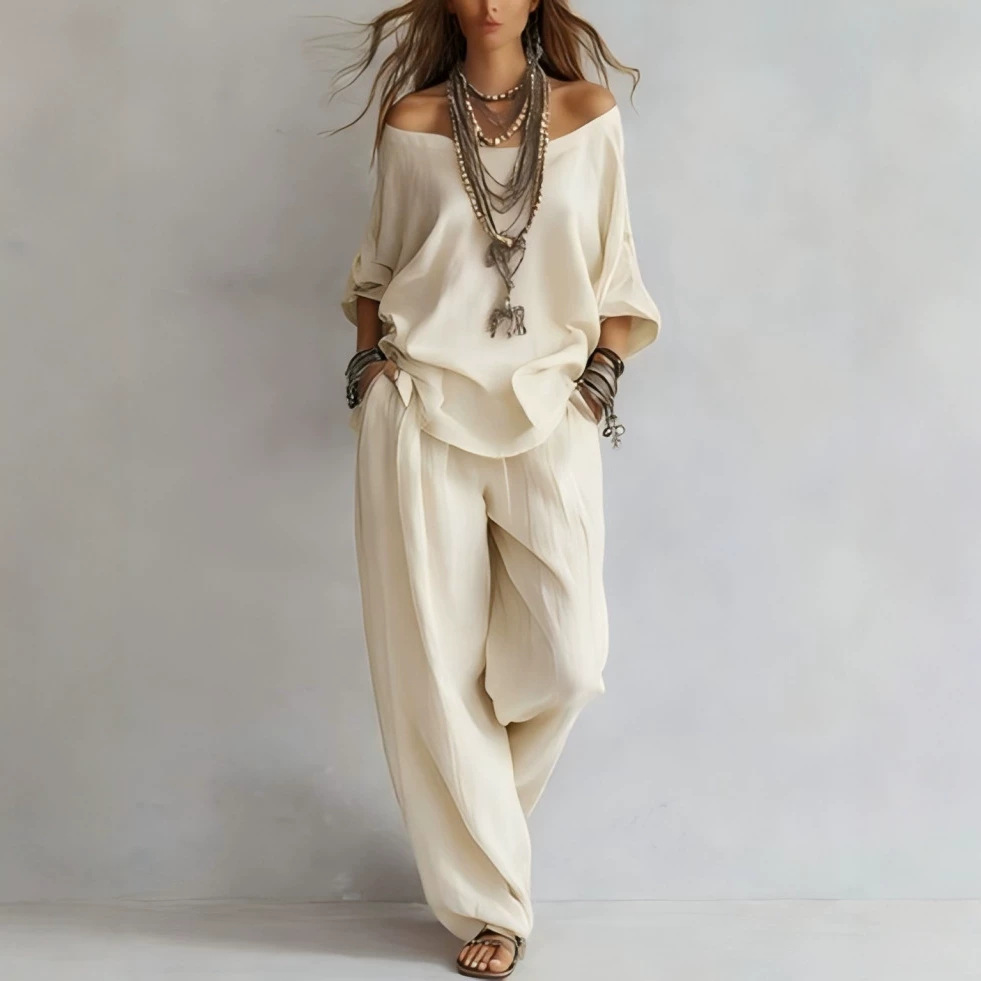 ชุดเสื้อผ้าลำลองผ้าลินินแขนสาม - Linen Pant Wide บทวิจารณ์และราคา