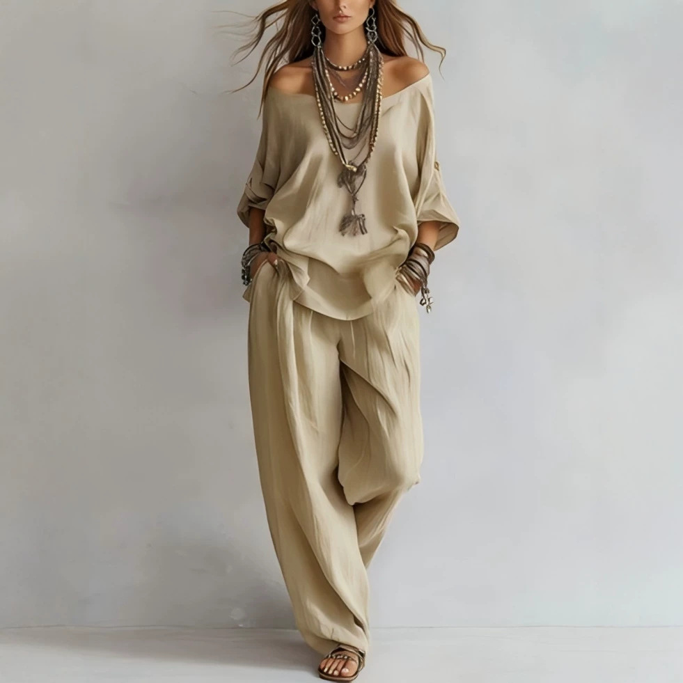 ชุดเสื้อผ้าลำลองผ้าลินินแขนสาม - Linen Pant Wide บทวิจารณ์และราคา