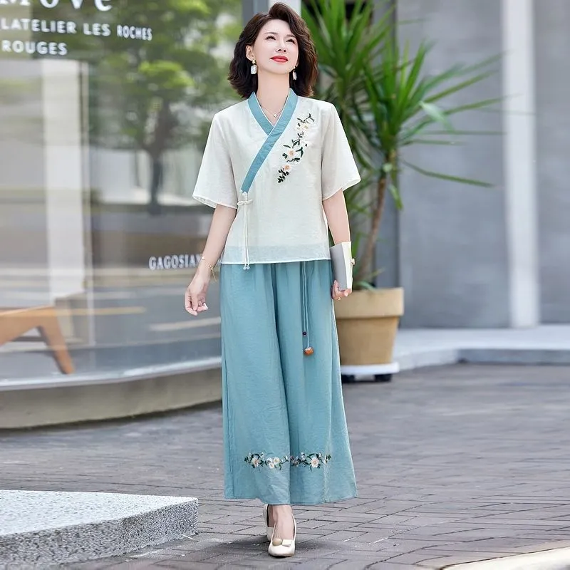 ชุดผ้าลินินสไตล์จีนแบบใหม่สำหร - Linen Pant Wide บทวิจารณ์และราคา