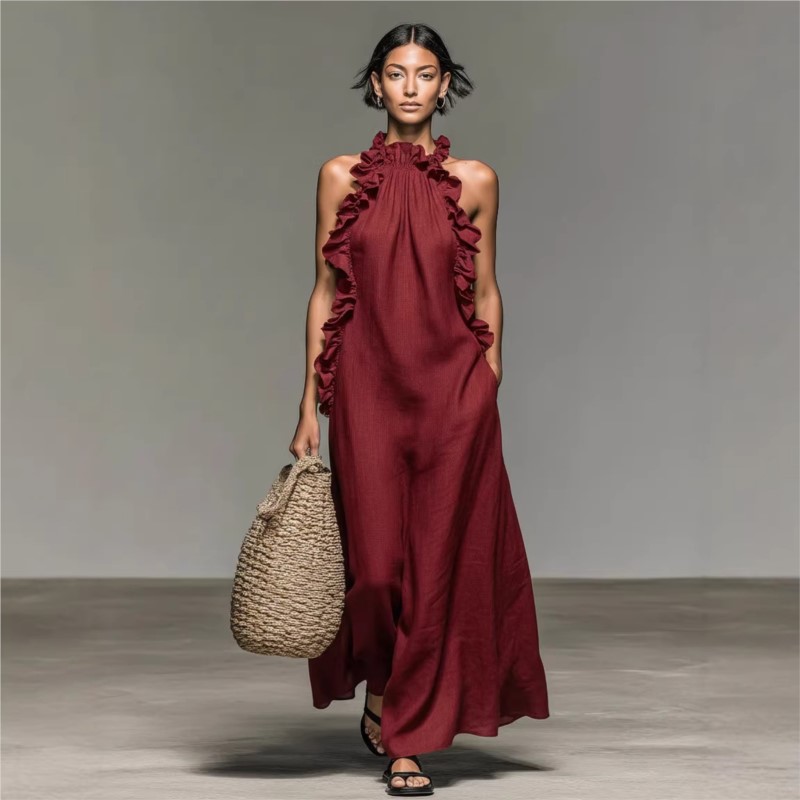 ชุดเดรสยาวผู้หญิงแบบปรับแต่งได - Maxi Dress Halter บทวิจารณ์และราคา