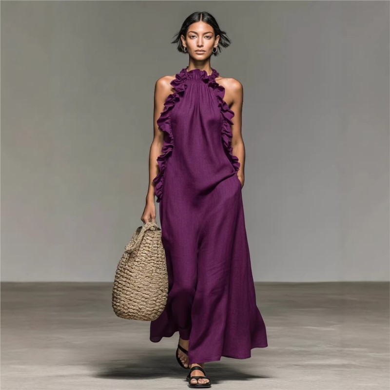 ชุดเดรสยาวผู้หญิงแบบปรับแต่งได - Maxi Dress Halter บทวิจารณ์และราคา